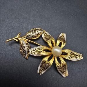 Damascene Flower Brooch Gold Tone Faux Pearl Black Enamel Vintage